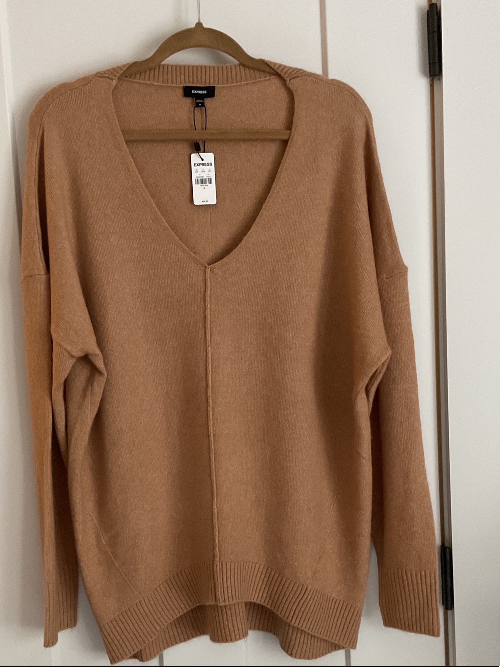 NWT Express Oversized V-Neck Seam-Front Sweater in Camel